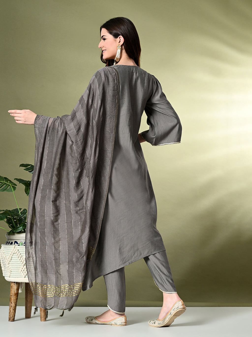 Myshka Women's Embroidered V-Neck Bell Sleeves Kurta & Dhoti Pants With Dupatta Sets in Grey Color | Grocsy