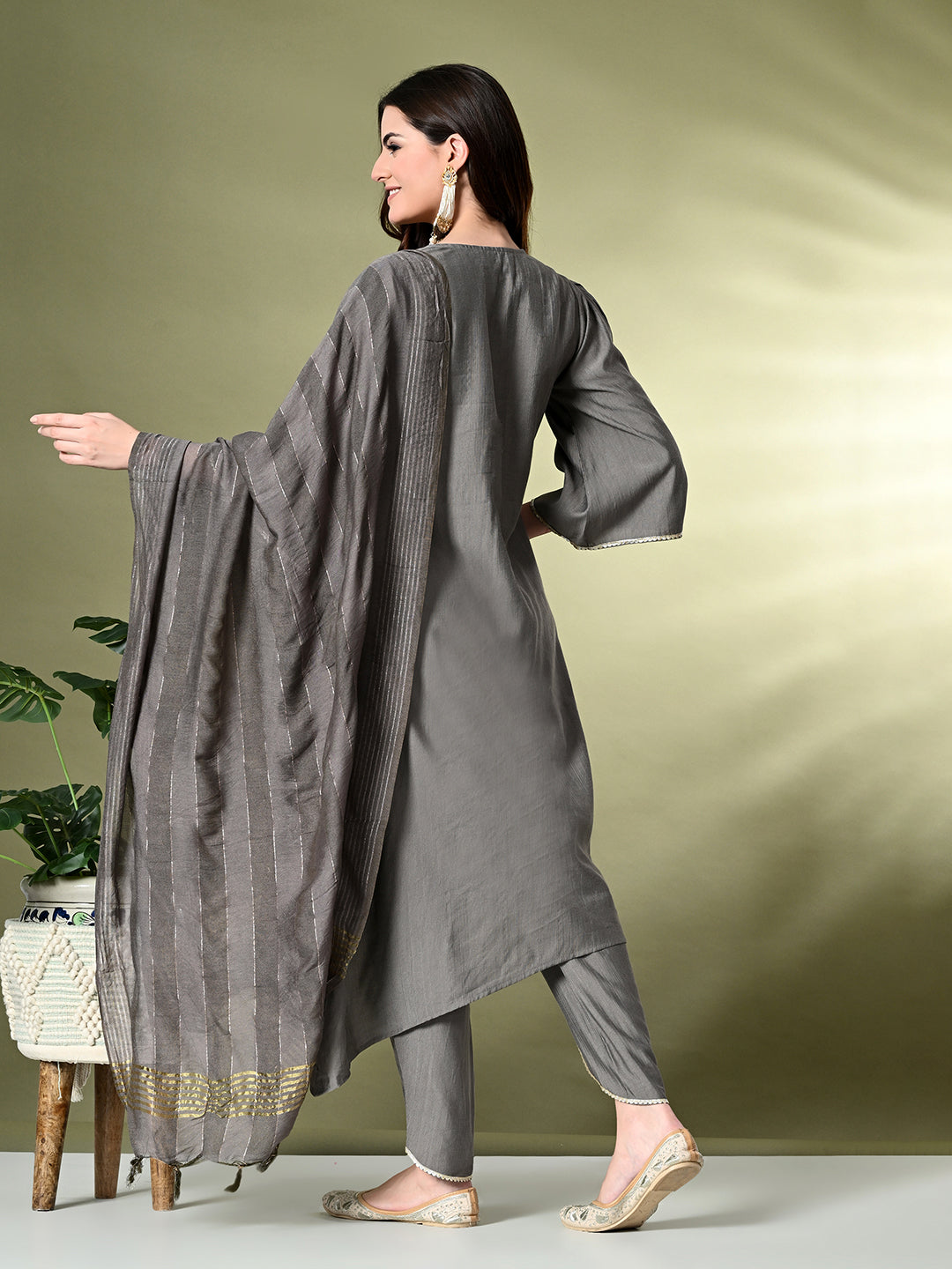 Myshka Women's Embroidered V-Neck Bell Sleeves Kurta & Dhoti Pants With Dupatta Sets in Grey Color | Grocsy