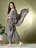 Myshka Women's Embroidered V-Neck Bell Sleeves Kurta & Dhoti Pants With Dupatta Sets in Grey Color | Grocsy