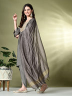 Myshka Women's Embroidered V-Neck Bell Sleeves Kurta & Dhoti Pants With Dupatta Sets in Grey Color | Grocsy