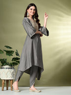Myshka Women's Embroidered V-Neck Bell Sleeves Kurta & Dhoti Pants With Dupatta Sets in Grey Color | Grocsy