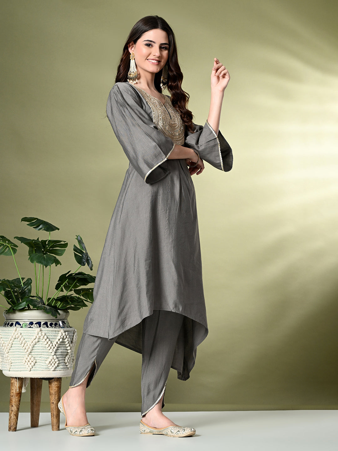 Myshka Women's Embroidered V-Neck Bell Sleeves Kurta & Dhoti Pants With Dupatta Sets in Grey Color | Grocsy
