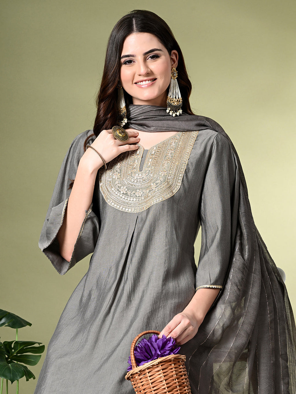 Myshka Women's Embroidered V-Neck Bell Sleeves Kurta & Dhoti Pants With Dupatta Sets in Grey Color | Grocsy