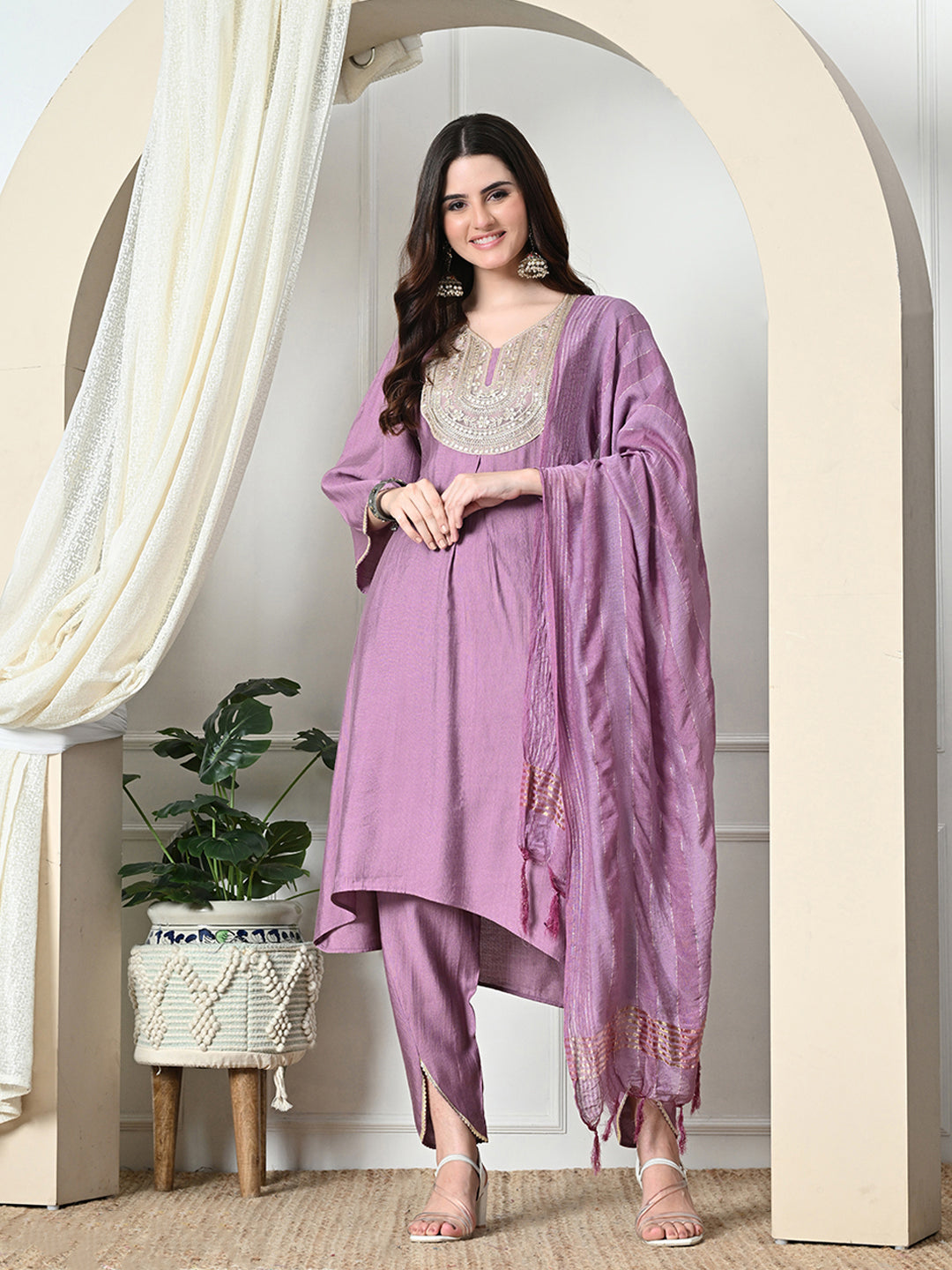Myshka Women's Embroidered V-Neck Bell Sleeves Kurta & Dhoti Pants With Dupatta Sets in Lavender Color | Grocsy