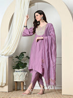 Myshka Women's Embroidered V-Neck Bell Sleeves Kurta & Dhoti Pants With Dupatta Sets in Lavender Color | Grocsy