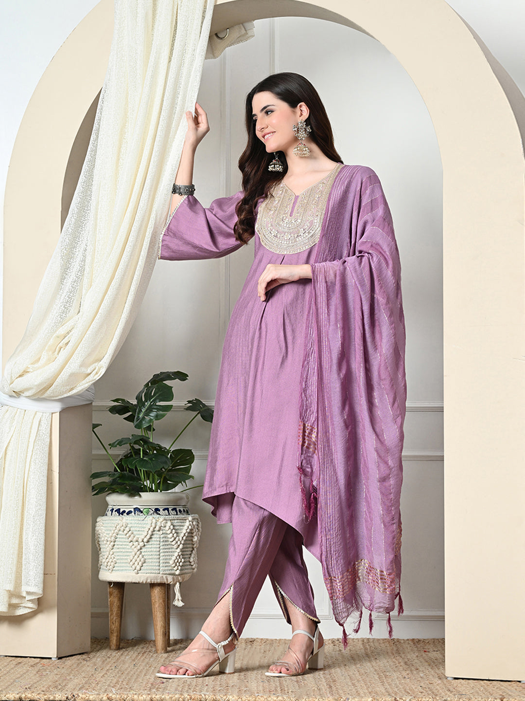 Myshka Women's Embroidered V-Neck Bell Sleeves Kurta & Dhoti Pants With Dupatta Sets in Lavender Color | Grocsy