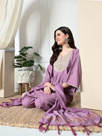 Myshka Women's Embroidered V-Neck Bell Sleeves Kurta & Dhoti Pants With Dupatta Sets in Lavender Color | Grocsy