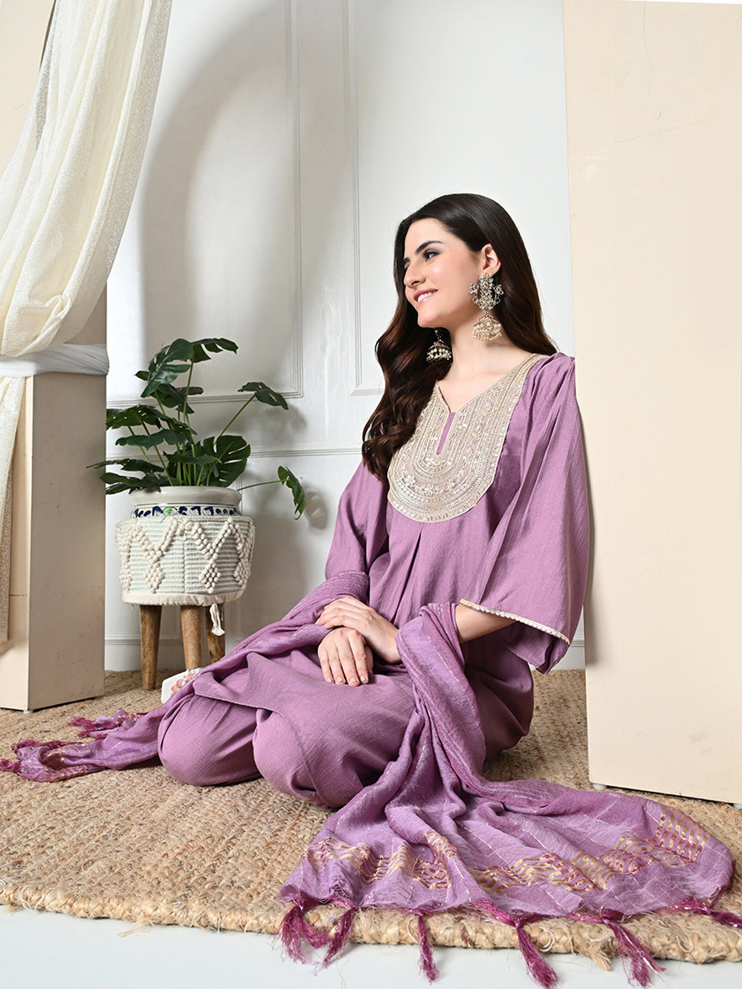 Myshka Women's Embroidered V-Neck Bell Sleeves Kurta & Dhoti Pants With Dupatta Sets in Lavender Color | Grocsy