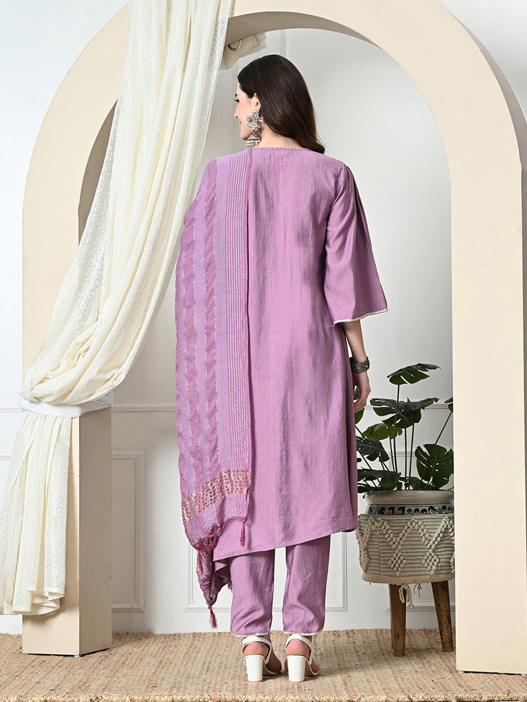 Myshka Women's Embroidered V-Neck Bell Sleeves Kurta & Dhoti Pants With Dupatta Sets in Lavender Color | Grocsy