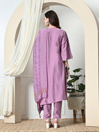 Myshka Women's Embroidered V-Neck Bell Sleeves Kurta & Dhoti Pants With Dupatta Sets in Lavender Color | Grocsy