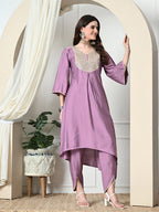 Myshka Women's Embroidered V-Neck Bell Sleeves Kurta & Dhoti Pants With Dupatta Sets in Lavender Color | Grocsy