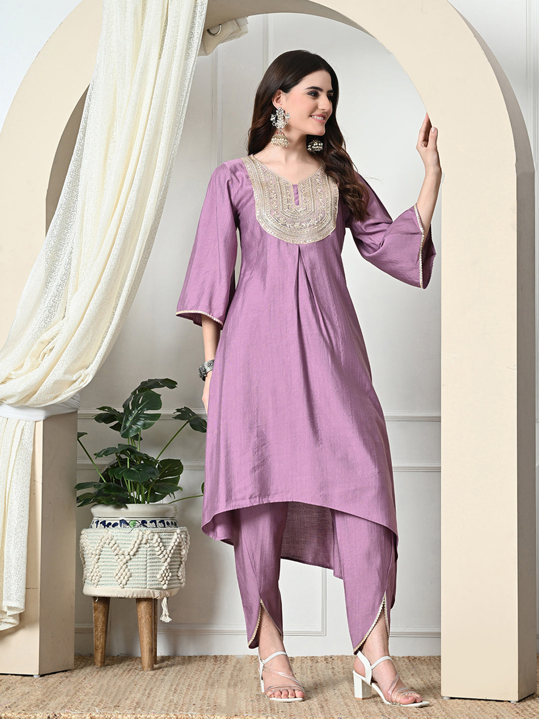 Myshka Women's Embroidered V-Neck Bell Sleeves Kurta & Dhoti Pants With Dupatta Sets in Lavender Color | Grocsy