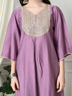 Myshka Women's Embroidered V-Neck Bell Sleeves Kurta & Dhoti Pants With Dupatta Sets in Lavender Color | Grocsy