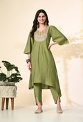 Myshka Women's Embroidered V-Neck Bell Sleeves Kurta & Dhoti Pants With Dupatta Sets in Green Color | Grocsy