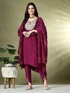 Myshka Women's Embroidered V-Neck Bell Sleeves Kurta & Dhoti Pants With Dupatta Sets in Magenta Color | Grocsy