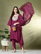 Myshka Women's Embroidered V-Neck Bell Sleeves Kurta & Dhoti Pants With Dupatta Sets in Magenta Color | Grocsy