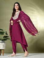 Myshka Women's Embroidered V-Neck Bell Sleeves Kurta & Dhoti Pants With Dupatta Sets in Magenta Color | Grocsy