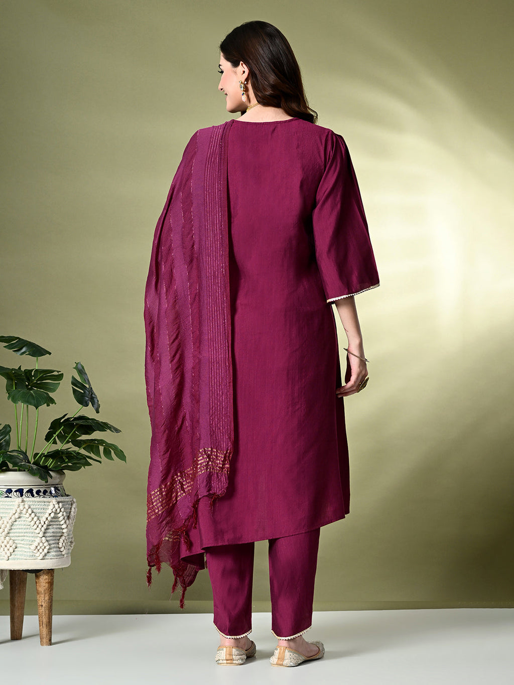 Myshka Women's Embroidered V-Neck Bell Sleeves Kurta & Dhoti Pants With Dupatta Sets in Magenta Color | Grocsy
