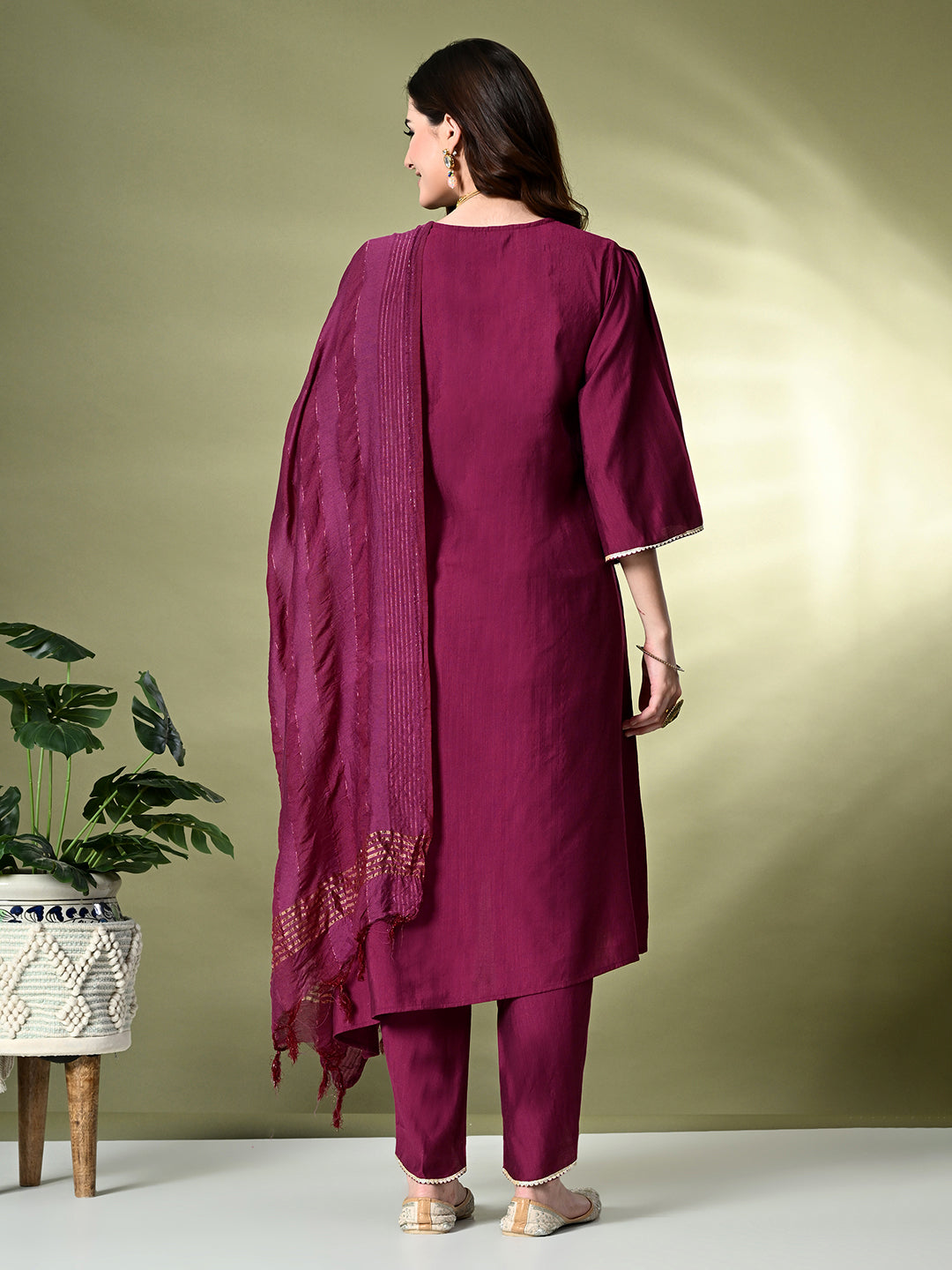 Myshka Women's Embroidered V-Neck Bell Sleeves Kurta & Dhoti Pants With Dupatta Sets in Magenta Color | Grocsy