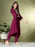Myshka Women's Embroidered V-Neck Bell Sleeves Kurta & Dhoti Pants With Dupatta Sets in Magenta Color | Grocsy