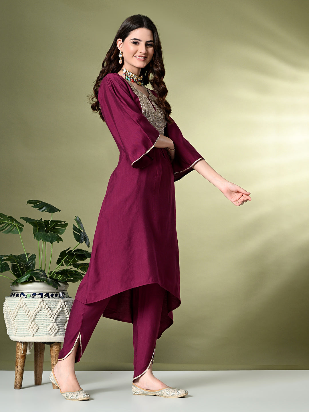 Myshka Women's Embroidered V-Neck Bell Sleeves Kurta & Dhoti Pants With Dupatta Sets in Magenta Color | Grocsy