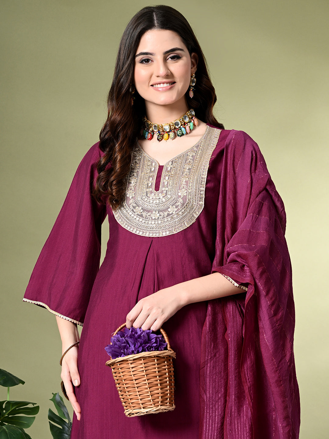 Myshka Women's Embroidered V-Neck Bell Sleeves Kurta & Dhoti Pants With Dupatta Sets in Magenta Color | Grocsy