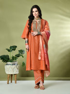 Myshka Women's Embroidered Keyhole Neck Bell Sleeves Kurta & Palazzos With Dupatta Sets in Orange Color | Grocsy