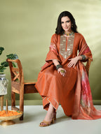 Myshka Women's Embroidered Keyhole Neck Bell Sleeves Kurta & Palazzos With Dupatta Sets in Orange Color | Grocsy