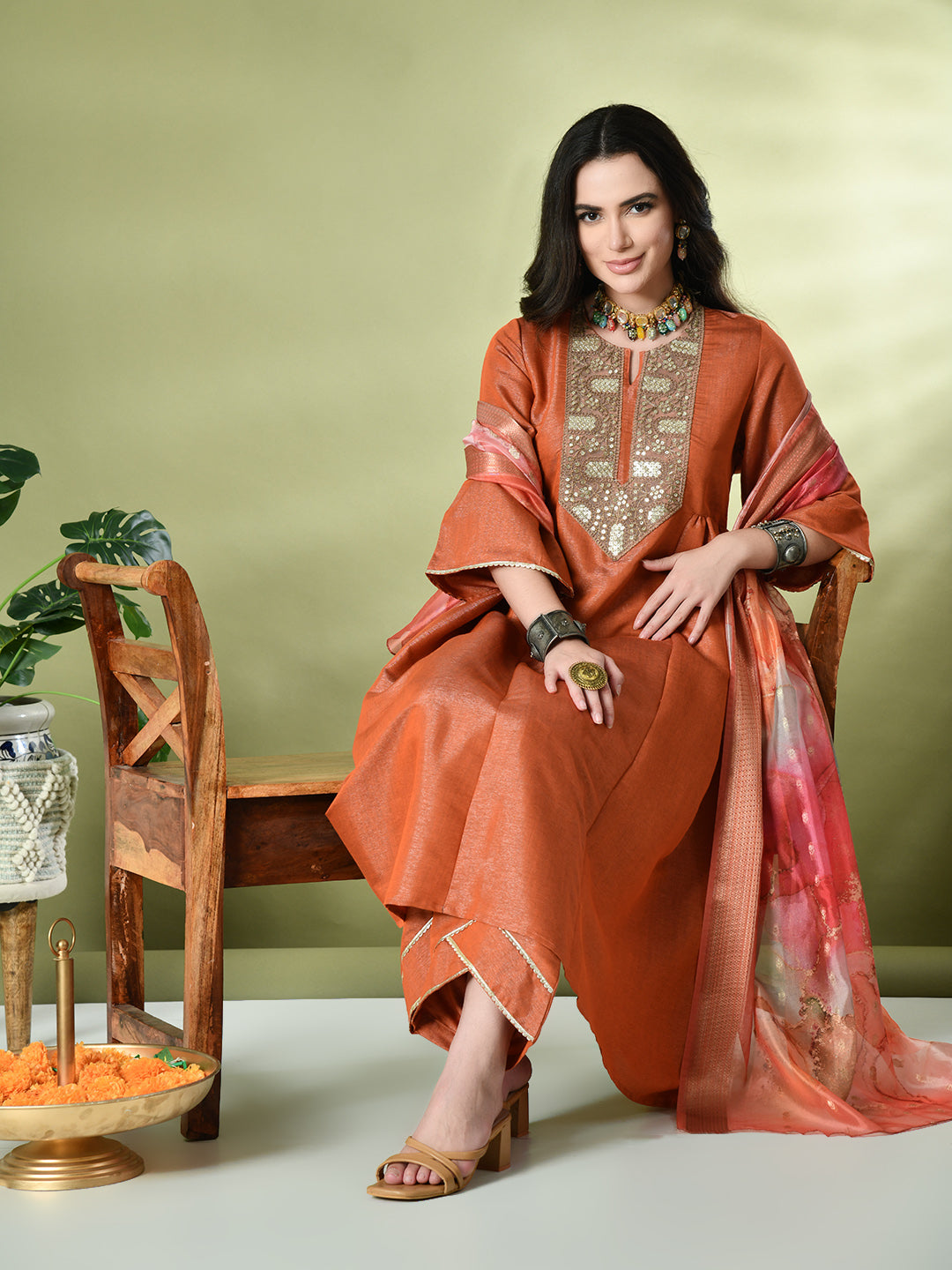Myshka Women's Embroidered Keyhole Neck Bell Sleeves Kurta & Palazzos With Dupatta Sets in Orange Color | Grocsy