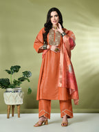 Myshka Women's Embroidered Keyhole Neck Bell Sleeves Kurta & Palazzos With Dupatta Sets in Orange Color | Grocsy