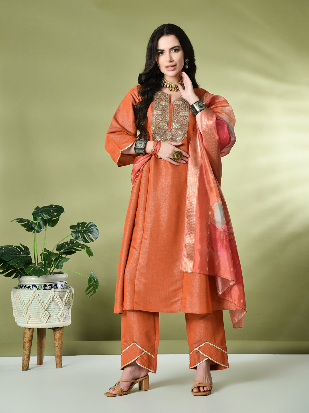 Myshka Women's Embroidered Keyhole Neck Bell Sleeves Kurta & Palazzos With Dupatta Sets in Orange Color | Grocsy