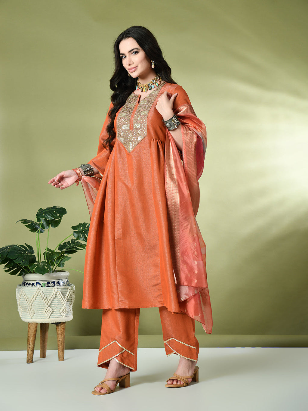 Myshka Women's Embroidered Keyhole Neck Bell Sleeves Kurta & Palazzos With Dupatta Sets in Orange Color | Grocsy