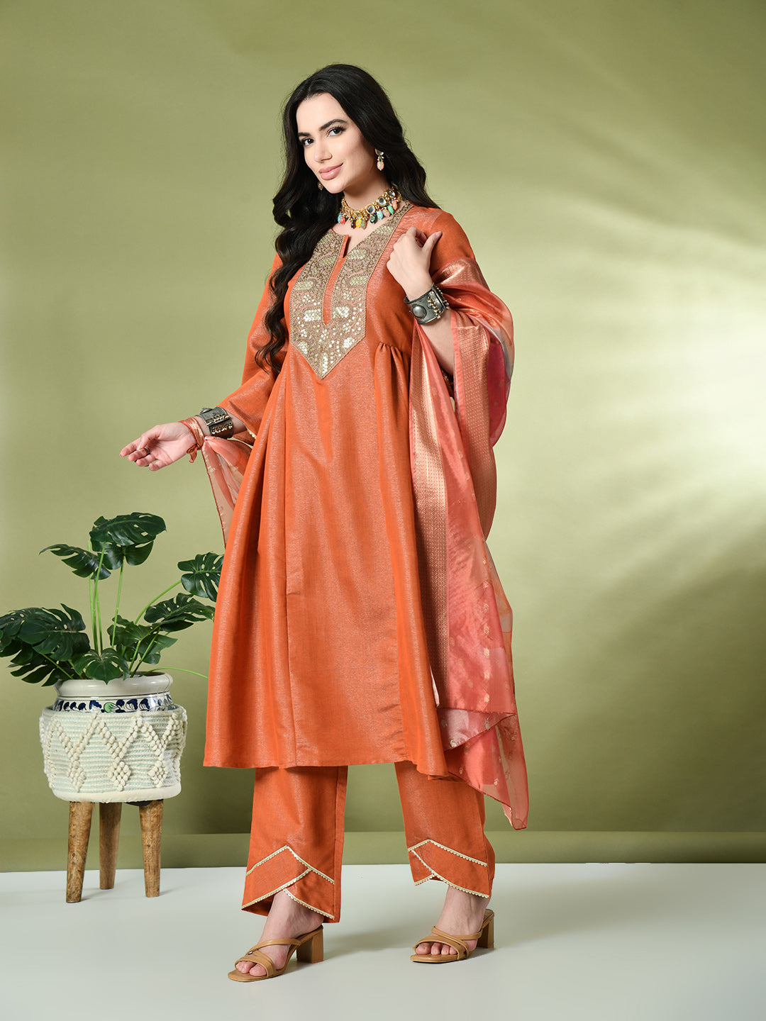 Myshka Women's Embroidered Keyhole Neck Bell Sleeves Kurta & Palazzos With Dupatta Sets in Orange Color | Grocsy