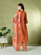 Myshka Women's Embroidered Keyhole Neck Bell Sleeves Kurta & Palazzos With Dupatta Sets in Orange Color | Grocsy