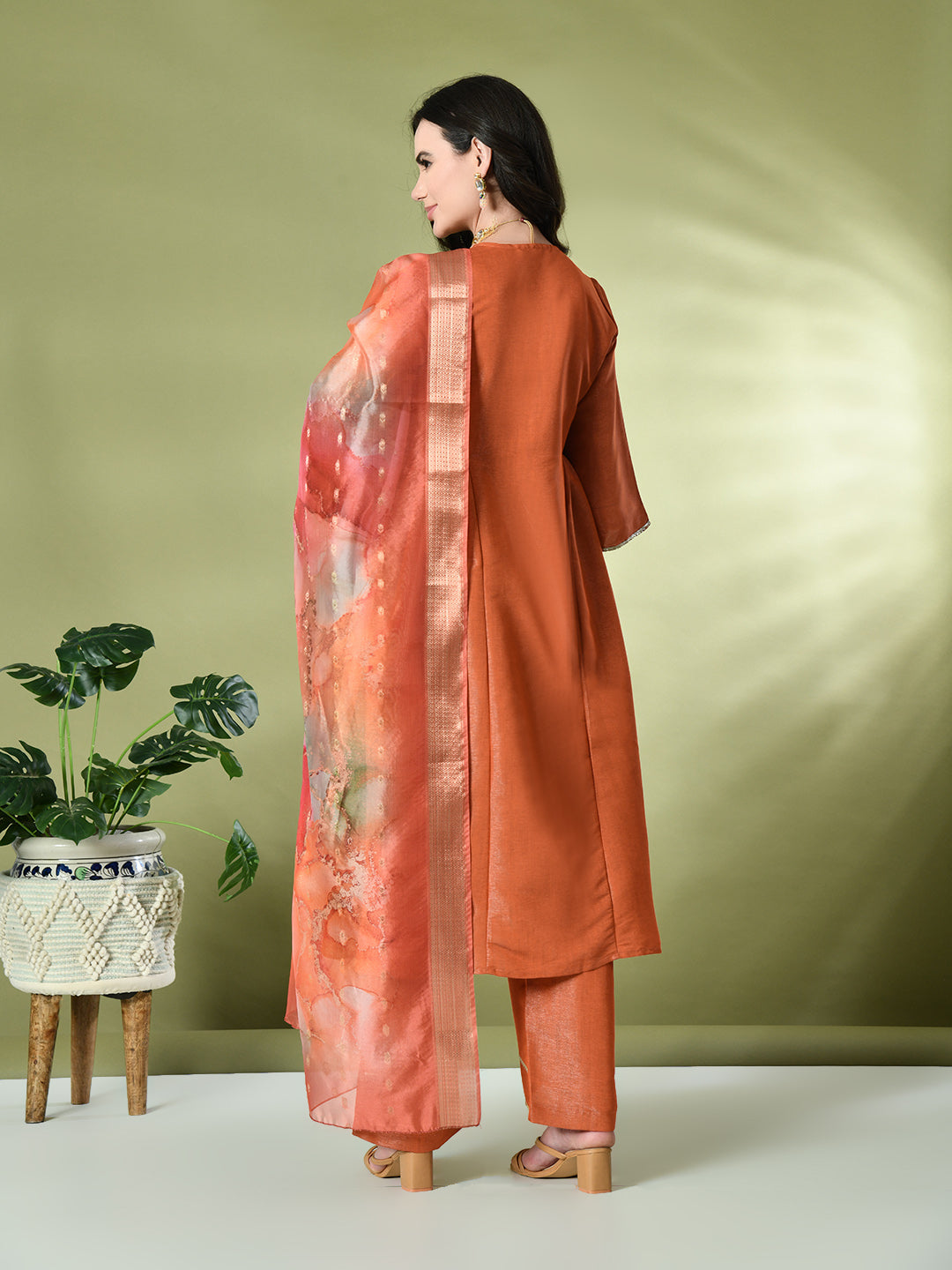 Myshka Women's Embroidered Keyhole Neck Bell Sleeves Kurta & Palazzos With Dupatta Sets in Orange Color | Grocsy