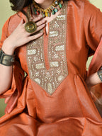 Myshka Women's Embroidered Keyhole Neck Bell Sleeves Kurta & Palazzos With Dupatta Sets in Orange Color | Grocsy