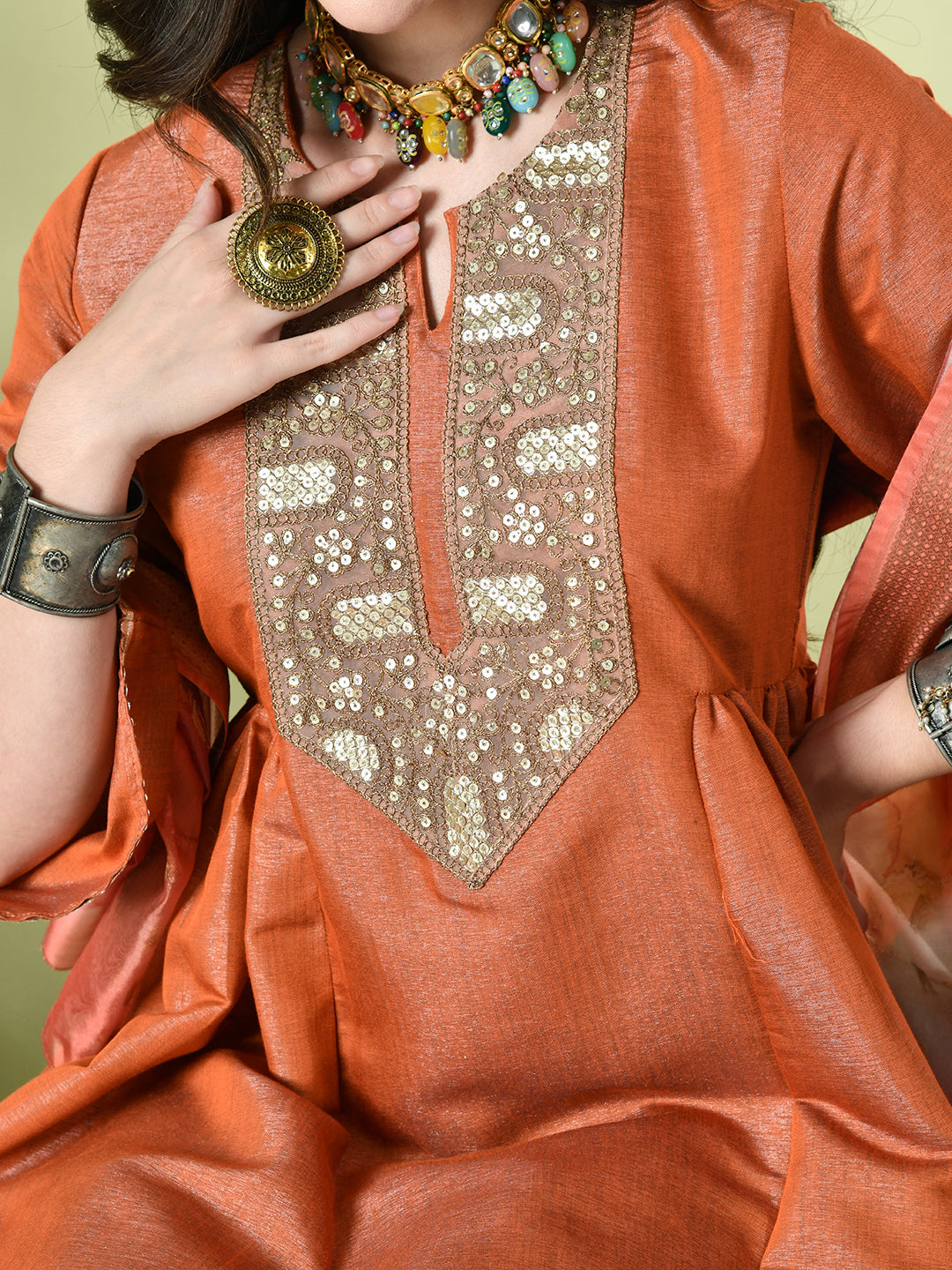 Myshka Women's Embroidered Keyhole Neck Bell Sleeves Kurta & Palazzos With Dupatta Sets in Orange Color | Grocsy