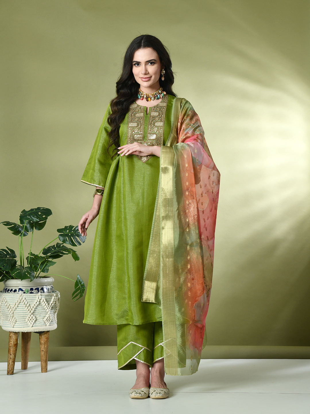 Myshka Women's Embroidered Keyhole Neck Bell Sleeves Kurta & Palazzos With Dupatta Sets in Green Color | Grocsy