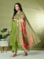 Myshka Women's Embroidered Keyhole Neck Bell Sleeves Kurta & Palazzos With Dupatta Sets in Green Color | Grocsy