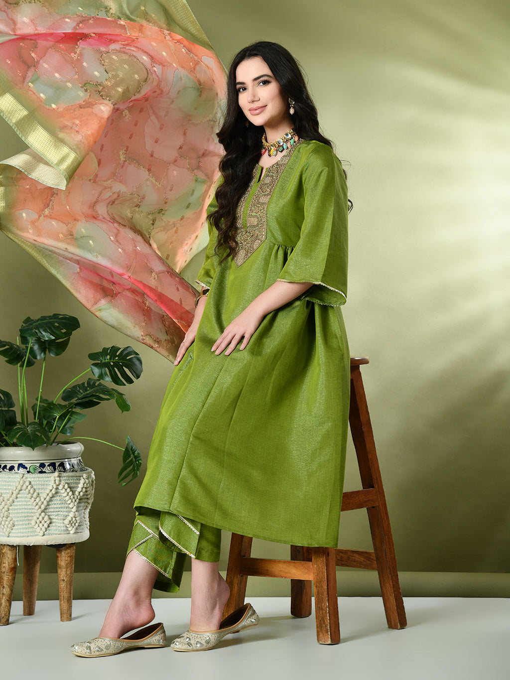 Myshka Women's Embroidered Keyhole Neck Bell Sleeves Kurta & Palazzos With Dupatta Sets in Green Color | Grocsy