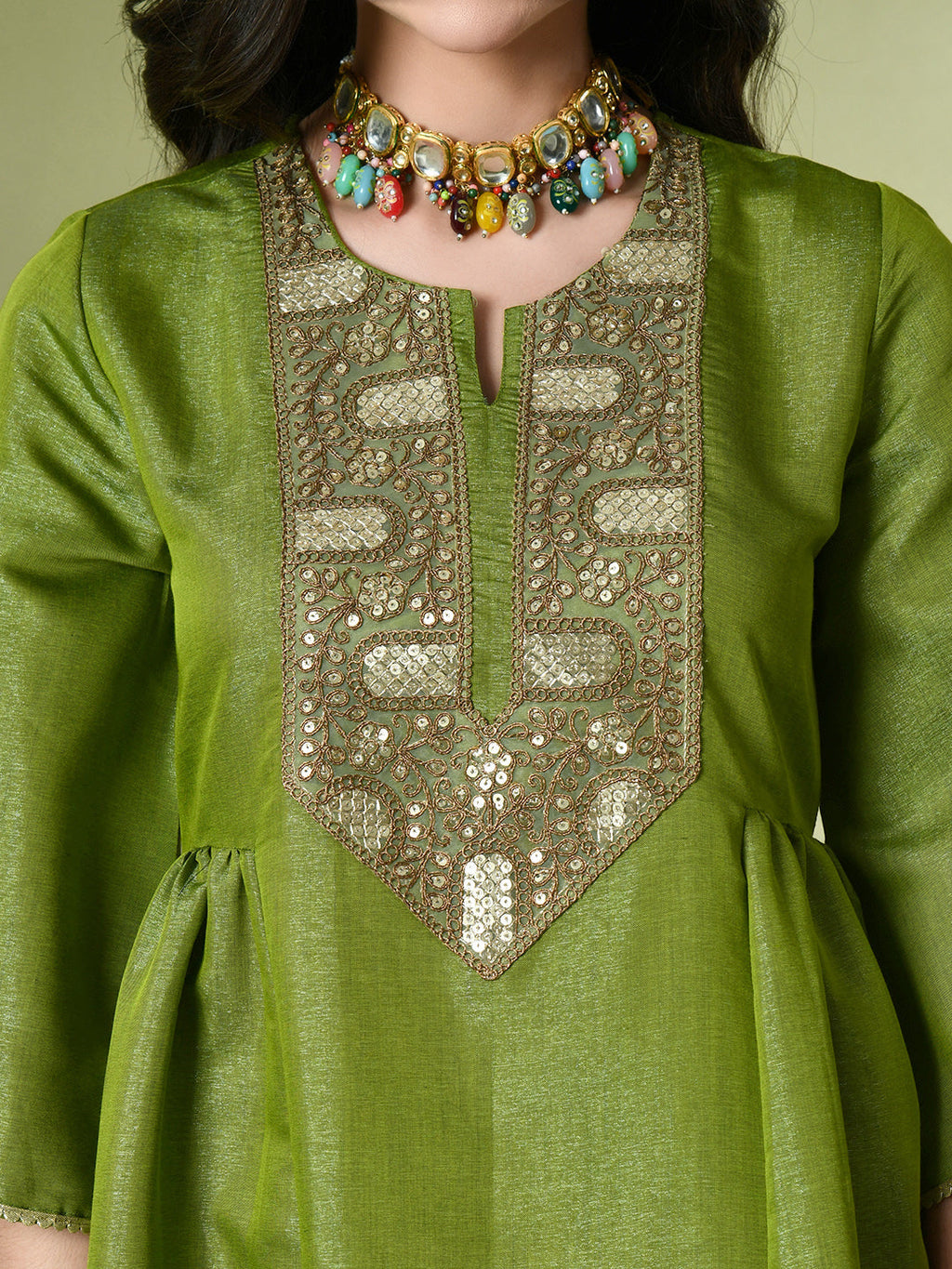Myshka Women's Embroidered Keyhole Neck Bell Sleeves Kurta & Palazzos With Dupatta Sets in Green Color | Grocsy