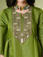 Myshka Women's Embroidered Keyhole Neck Bell Sleeves Kurta & Palazzos With Dupatta Sets in Green Color | Grocsy