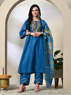 Myshka Women's Embroidered Keyhole Neck Bell Sleeves Kurta & Palazzos With Dupatta Sets in Blue Color | Grocsy