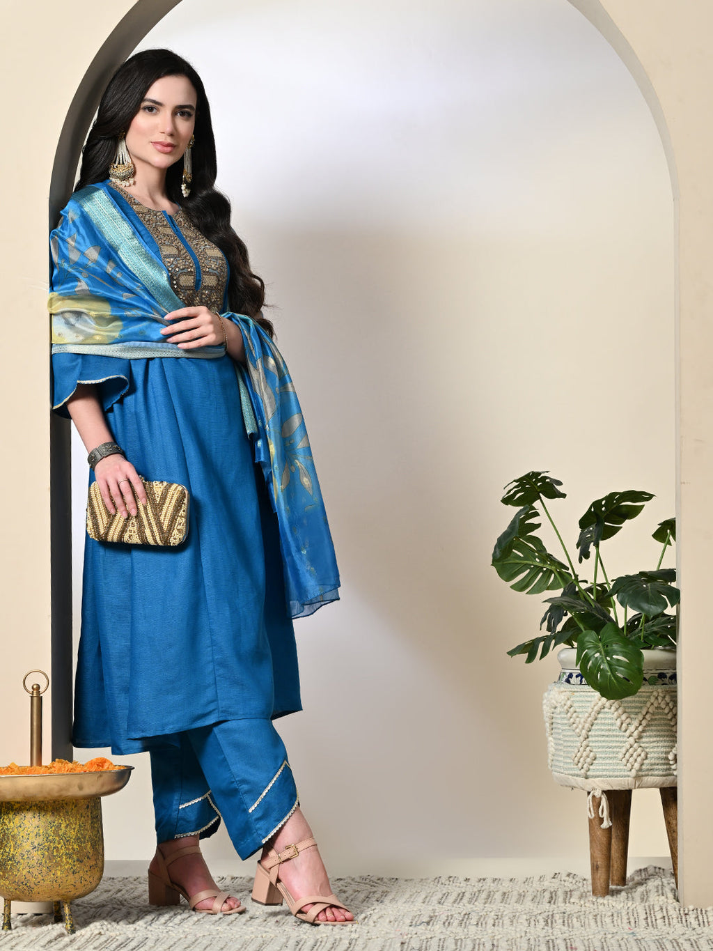 Myshka Women's Embroidered Keyhole Neck Bell Sleeves Kurta & Palazzos With Dupatta Sets in Blue Color | Grocsy