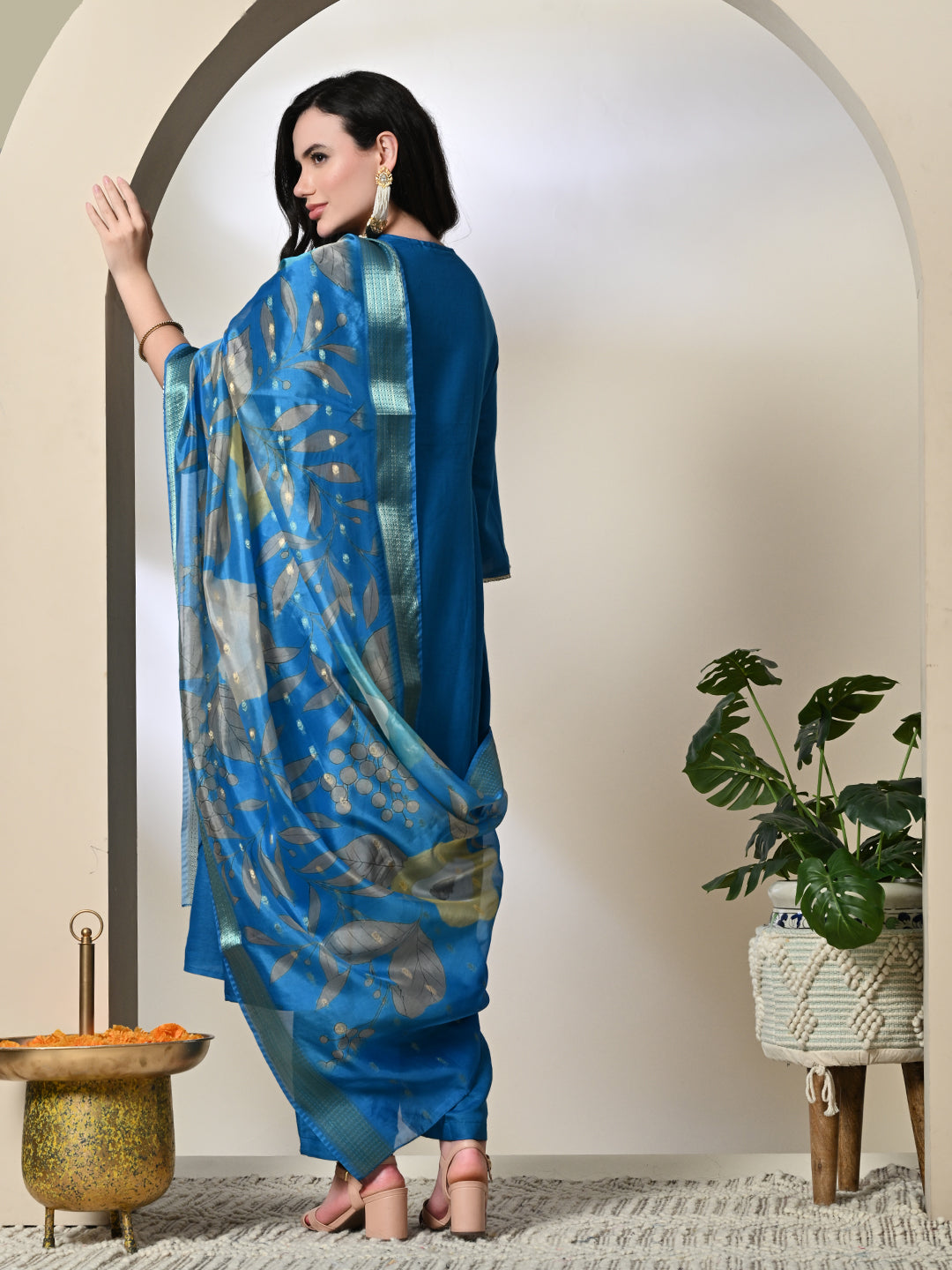 Myshka Women's Embroidered Keyhole Neck Bell Sleeves Kurta & Palazzos With Dupatta Sets in Blue Color | Grocsy