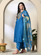 Myshka Women's Embroidered Keyhole Neck Bell Sleeves Kurta & Palazzos With Dupatta Sets in Blue Color | Grocsy