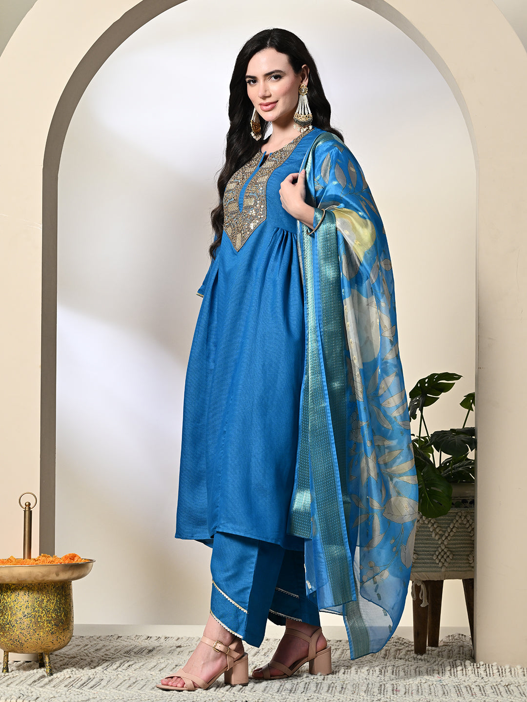Myshka Women's Embroidered Keyhole Neck Bell Sleeves Kurta & Palazzos With Dupatta Sets in Blue Color | Grocsy