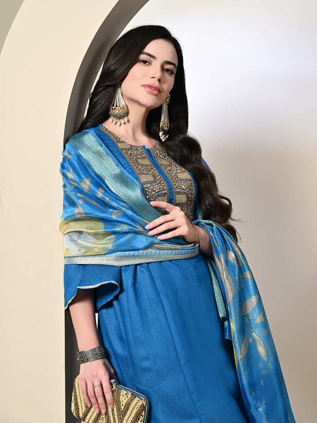 Myshka Women's Embroidered Keyhole Neck Bell Sleeves Kurta & Palazzos With Dupatta Sets in Blue Color | Grocsy