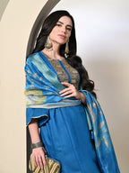 Myshka Women's Embroidered Keyhole Neck Bell Sleeves Kurta & Palazzos With Dupatta Sets in Blue Color | Grocsy