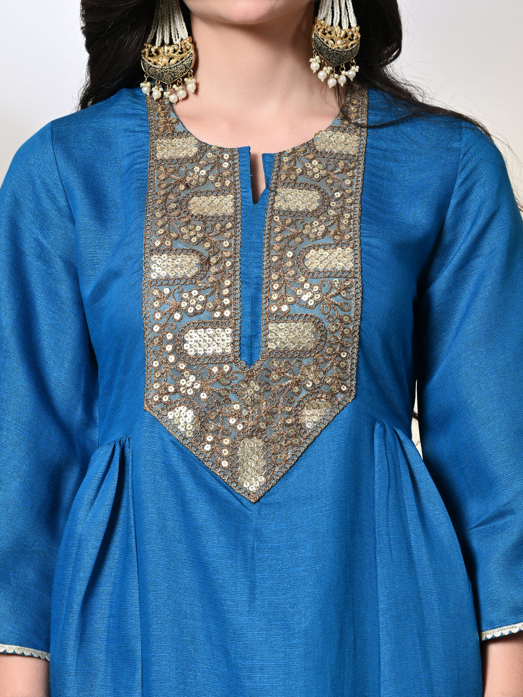 Myshka Women's Embroidered Keyhole Neck Bell Sleeves Kurta & Palazzos With Dupatta Sets in Blue Color | Grocsy